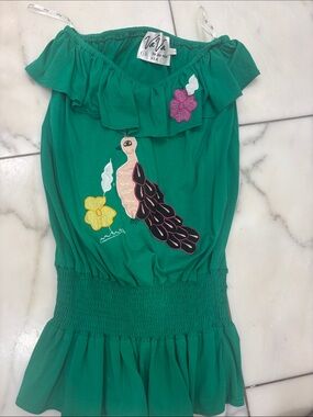 Vava by Joy Han Green Ruffle Off-Shoulder Blouse with Embroidered Peacock